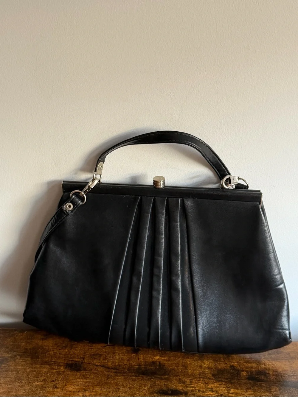 Vintage 1950s Black Pleated Frame Handbag ILGWU Union Made Mid Century Purse